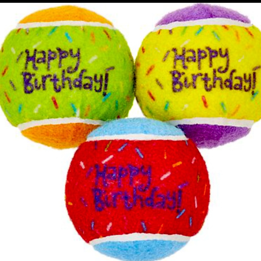 Frisco Fetch Graphic Squeaking Happy Birthday 3 Pack Tennis Balls. S/M Dogs